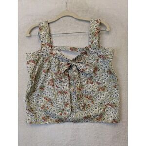 Handmade Floral Cherry Print Back Tie Tank Top Sage Green Small Cottagecore